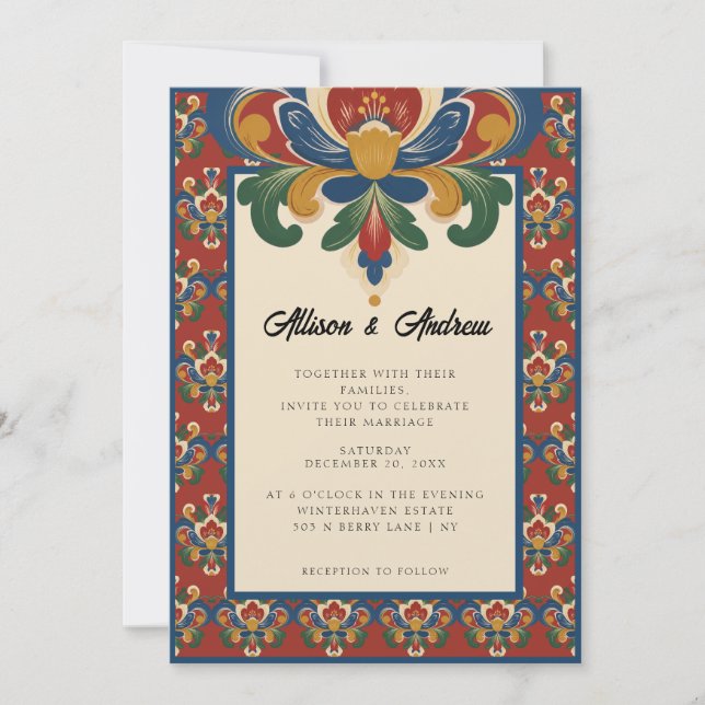 Norwegian Rosemaling | Red Wedding Invitation (Front)