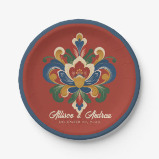 Norwegian Rosemaling Red Wedding Paper Plate