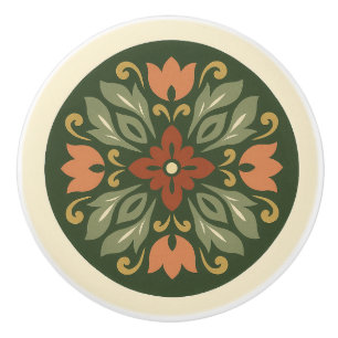 Norwegian Rosemaling Style Cottagecore Folk Art Ceramic Knob