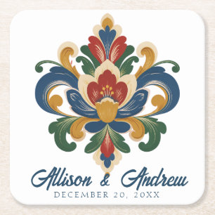 Norwegian Rosemaling Wedding  Square Paper Coaster