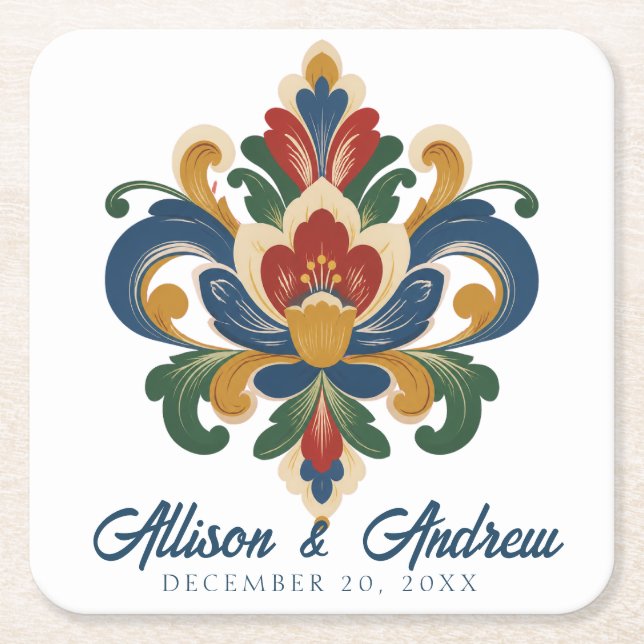 Norwegian Rosemaling Wedding  Square Paper Coaster (Front)