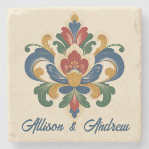Norwegian Rosemaling Wedding  Stone Coaster