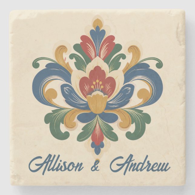 Norwegian Rosemaling Wedding  Stone Coaster (Front)