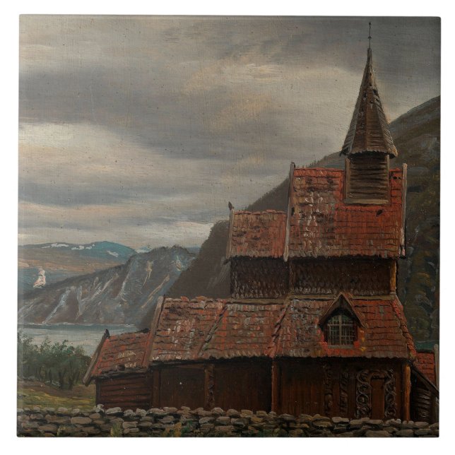 Norwegian Stave Church (by Knud Baade) Ceramic Tile (Front)
