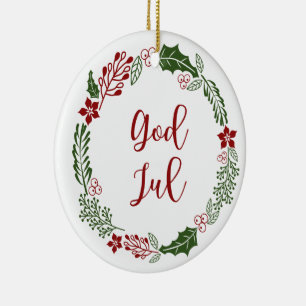 Norwegian & Swedish Merry Christmas Wreath God Jul Ceramic Ornament