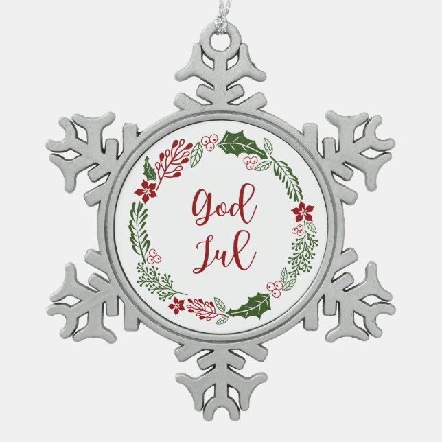 Norwegian & Swedish Merry Christmas Wreath God Jul Snowflake Pewter Christmas Ornament (Front)