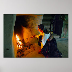 Norwegian Woman Tending the Hearth Fire Poster
