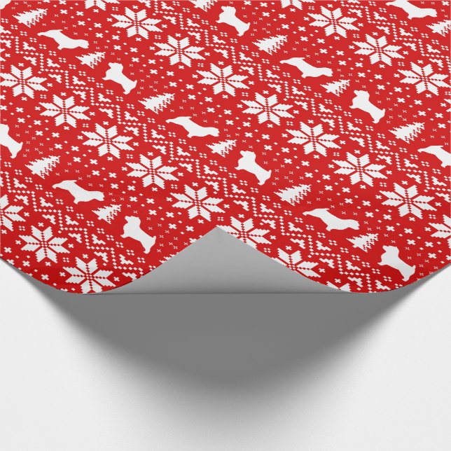 Norwich Terrier Silhouettes Christmas Holiday Red Wrapping Paper (Corner)