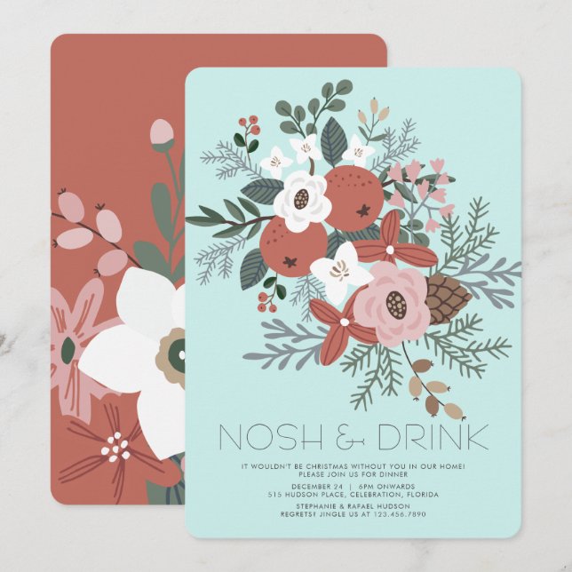 Nosh & Drink Christmas Foliage Dinner Holiday Card (Front/Back)