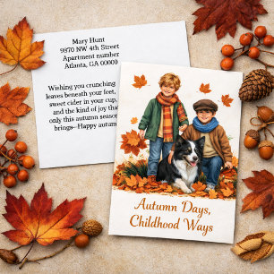 Nostalgic Autumn Watercolor Kids & Border Collie  Postcard