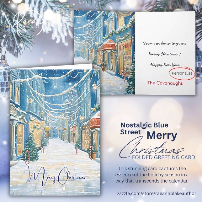 Nostalgic Blue Christmas Street Greeting Card (Creator Uploaded)