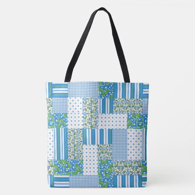 Nostalgic Blue Morning Glory Faux Patchwork Tote Bag (Front)