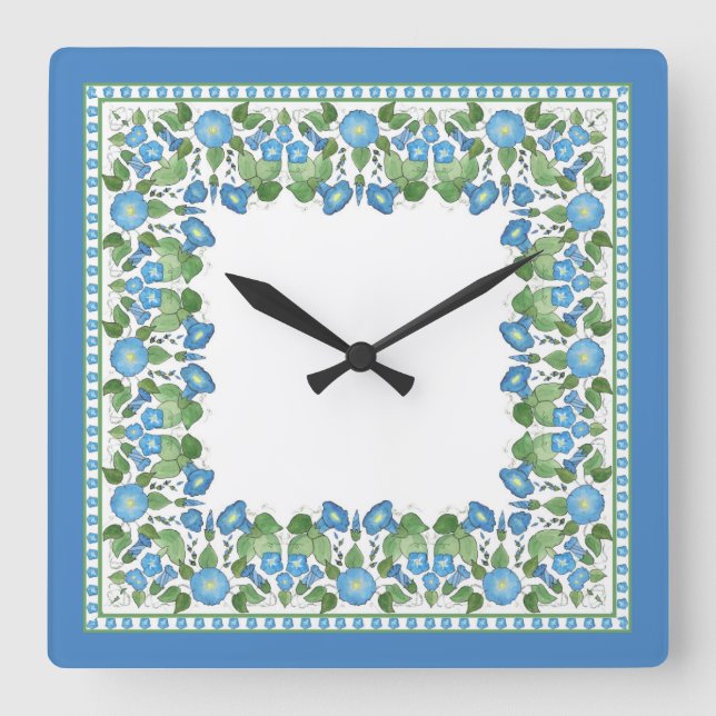 Nostalgic Blue Morning Glory Square Wall Clock (Front)