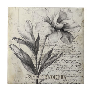 Nostalgic Brown Flower Sketch Antique Paper Ceramic Tile