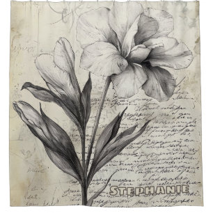 Nostalgic Brown Flower Sketch Antique Paper Shower Curtain