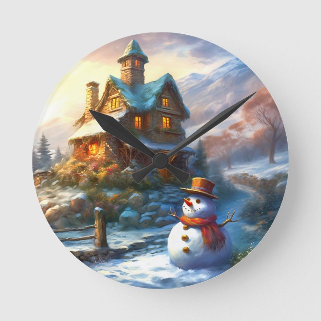 Nostalgic Christmas Snowman | Vintage Cottage Round Clock (Front)
