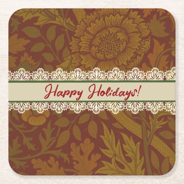 Nostalgic Classic William Morris Red Holiday  Square Paper Coaster (Front)