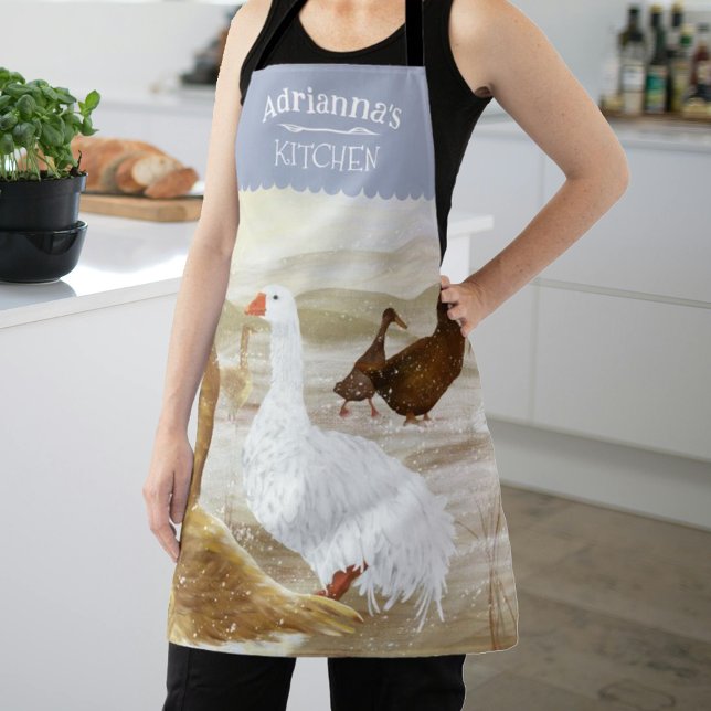 Nostalgic Farm Geese Personalised Light Blue Apron (light blue kitchen apron with geese, white & brown wild geese, personalized cooking apron with name)