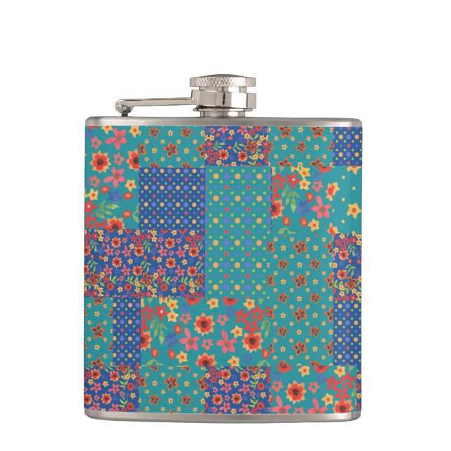 Nostalgic Faux Patchwork Pattern Hip Flask (Front)