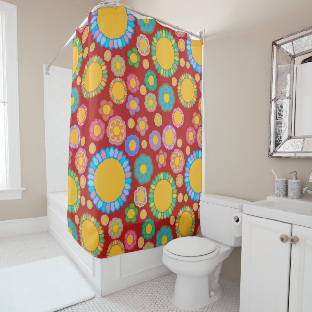 Nostalgic Flora Red Shower Curtain (In Situ)