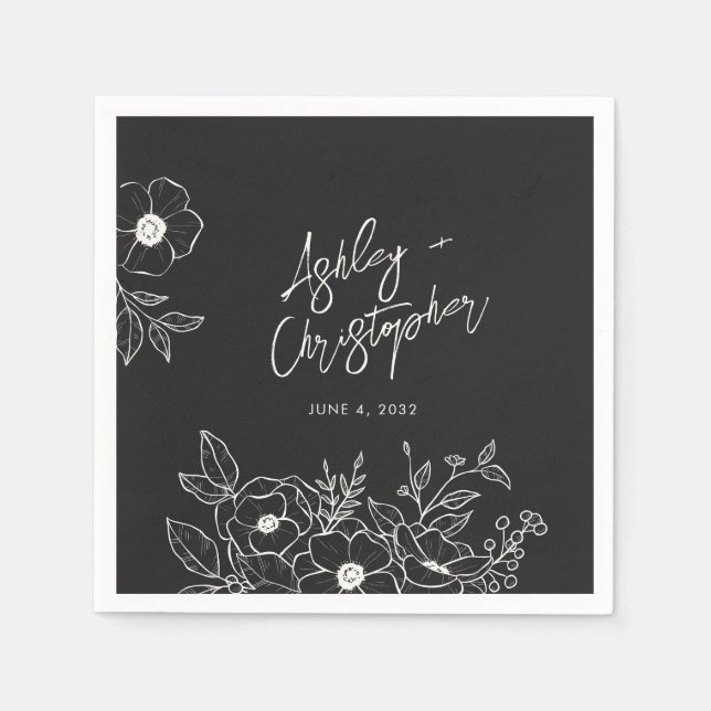 Nostalgic Floral Botanical Black Wedding Cocktail Napkin (Front)