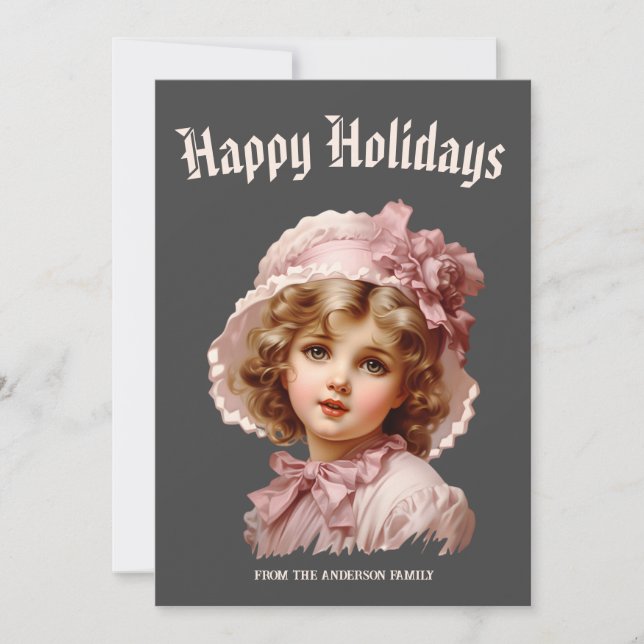 Nostalgic Girl in Pink Holiday Card (Front)