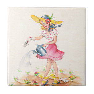 Nostalgic Girl with Watering Can Tile
