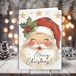 Nostalgic Gold Stars Merry Christmas Santa  Holiday Card