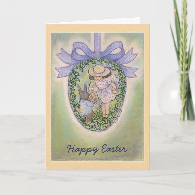 Nostalgic Happy Easter Egg with Rabbit and Child Holiday Card (Front)