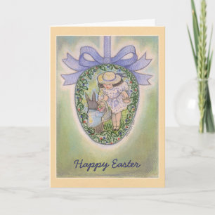 Nostalgic Happy Easter Egg with Rabbit and Child Holiday Card
