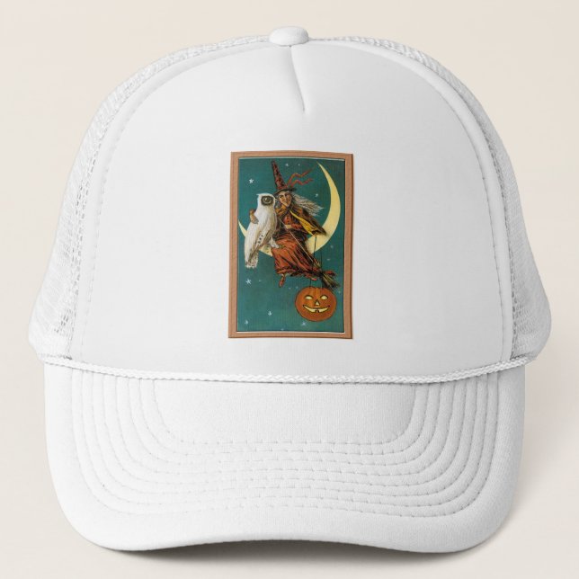 Nostalgic Happy Halloween Witch & Owl Trucker Hat (Front)