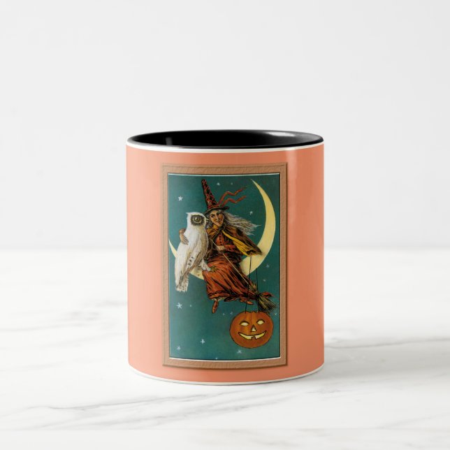 Nostalgic Happy Halloween Witch & Owl Two-Tone Coffee Mug (Center)
