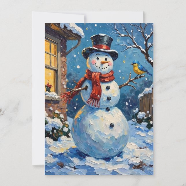 Nostalgic Happy Snowman with Bluebird Winter Scene Holiday Card (Front)