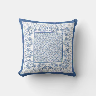 Nostalgic Indigo Blue and White Floral Border Cushion