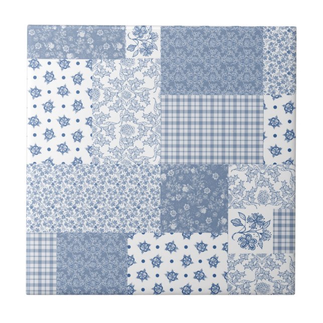Nostalgic Indigo Blue Faux Patchwork Ceramic Tile (Front)