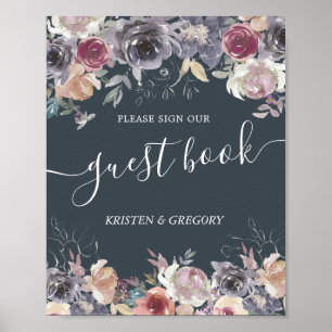 nostalgic indigo blush floral Wedding guest book