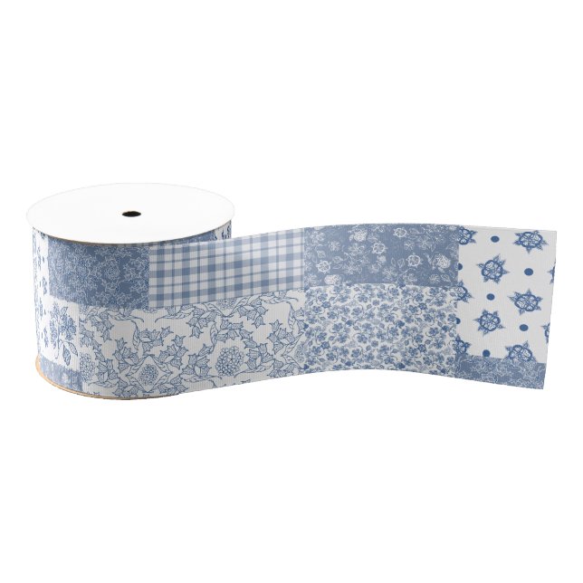 Nostalgic Indigo Faux Patchwork Grosgrain Ribbon (Spool)