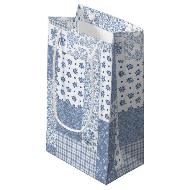 Nostalgic Indigo Faux Patchwork Small Gift Bag (Front Angled)