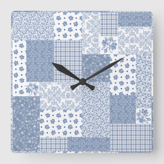 Nostalgic Indigo Faux Patchwork Square Wall Clock (Front)