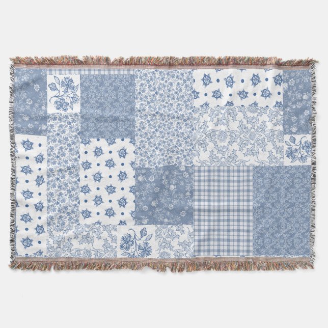 Nostalgic Indigo Faux Patchwork Throw Blanket (Front)