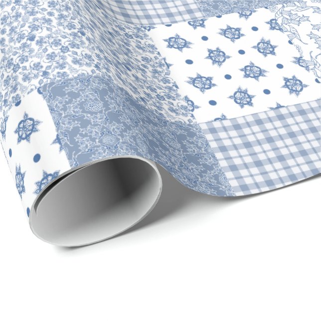 Nostalgic Indigo Faux Patchwork Wrapping Paper (Roll Corner)