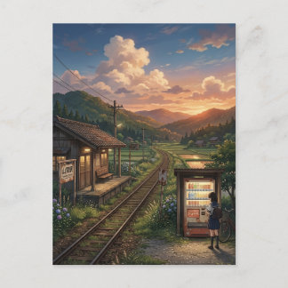 Nostalgic Japanese Summer Railway Station - Anime  Postcard