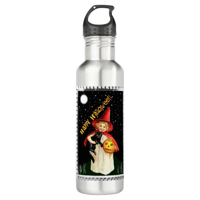Nostalgic Little Girl, Jack-o’-lantern and Cat 710 Ml Water Bottle (Front)