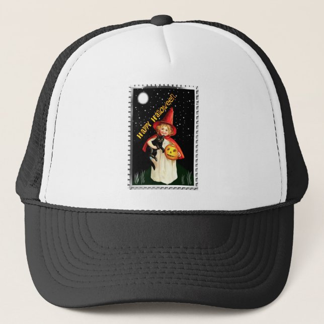 Nostalgic Little Girl, Jack-o’-lantern and Cat Trucker Hat (Front)