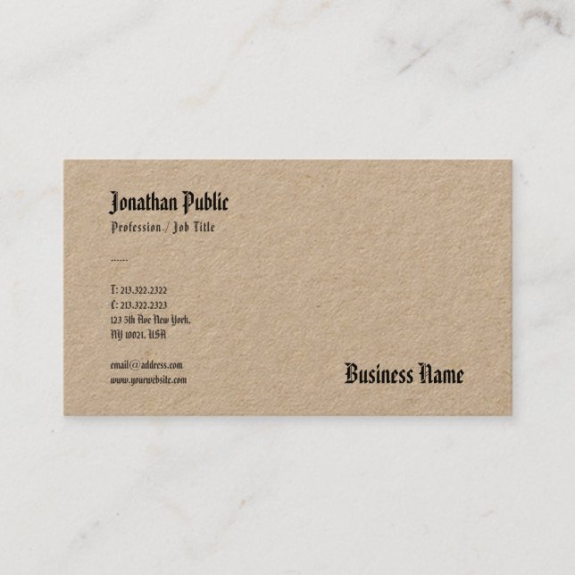 Nostalgic Look Real Kraft Paper Elegant Template Business Card (Front)