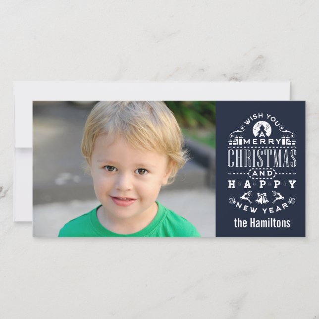 Nostalgic Merry Christmas BLUE typography Holiday Card (Front)