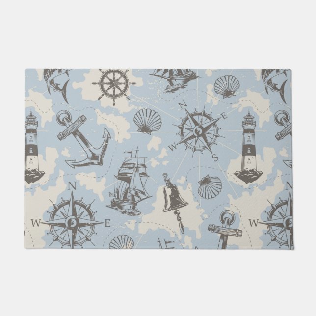 Nostalgic nautical themed blue pattern doormat (Front)