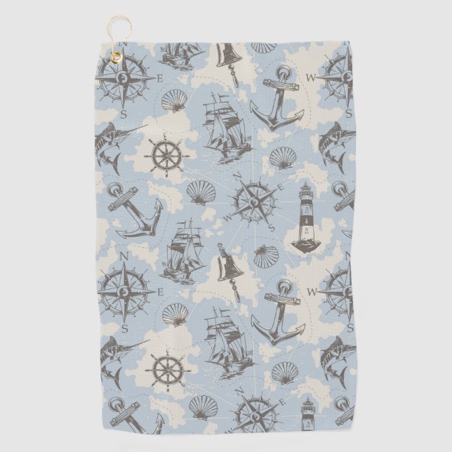 Nostalgic nautical themed blue pattern golf towel (Front)