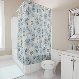 Nostalgic nautical themed blue pattern shower curtain