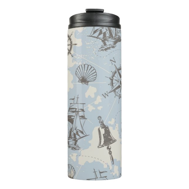 Nostalgic nautical themed blue pattern thermal tumbler (Front)